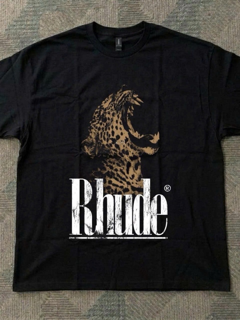 Rhude Black Tee with Brown Leopard Head and White Logo
